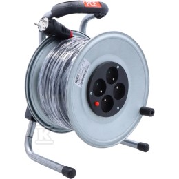 Eenfasige spiraalverlengkabel op stalen trommel, type "Jawor" - ingang 25 m H05RR-F 3x2,5 (ow), rubberen plug 16A, uitgang 4xGS met IP20 thermische isolatie 9111T48243